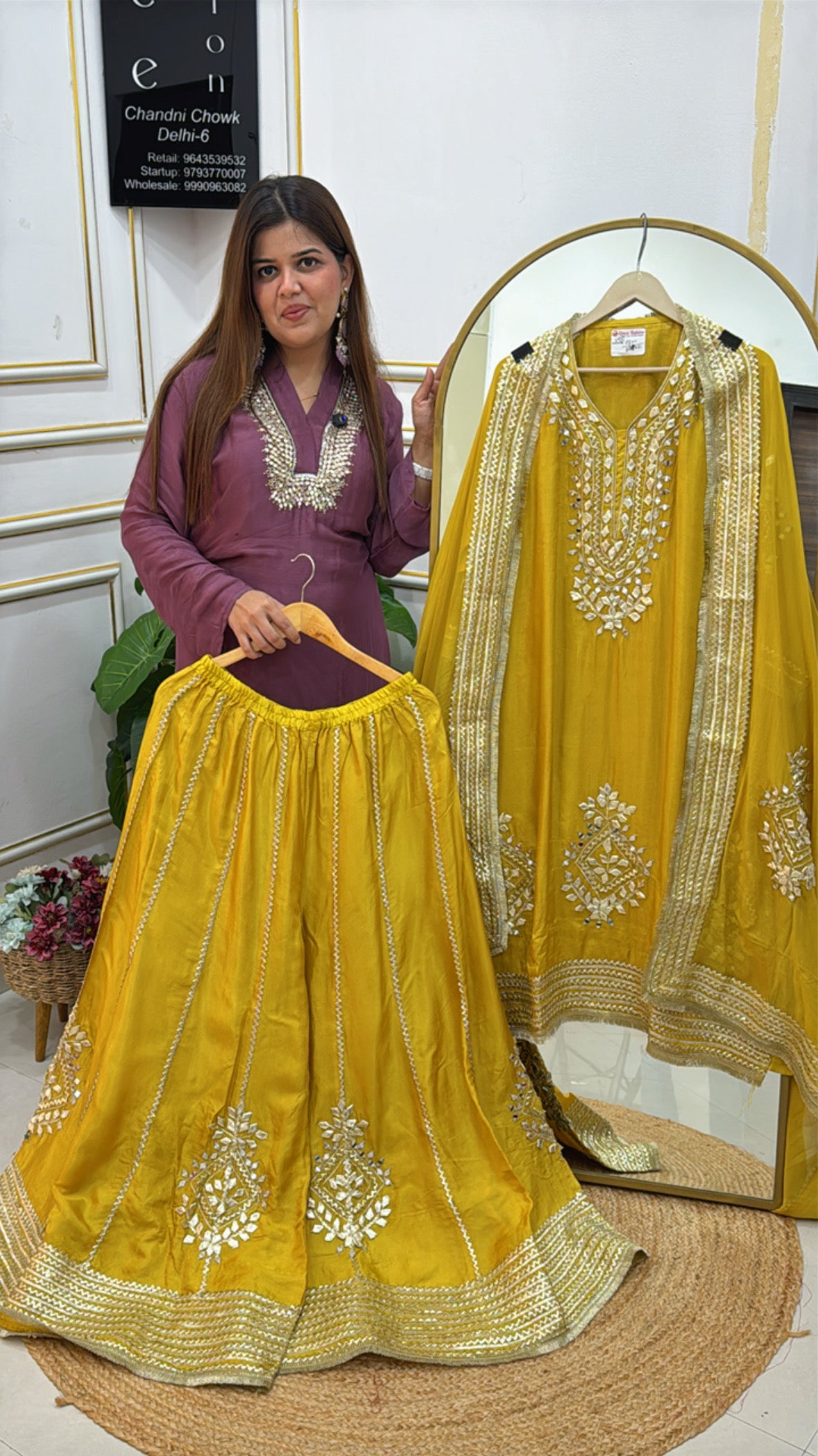 Partywear Pure Crepe Silk Gota Work Semi-Stitched Shirt with Lining & Stitched Sharara GF 517